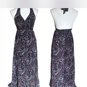 Elegant Purple Paisley Halter Maxi Dress